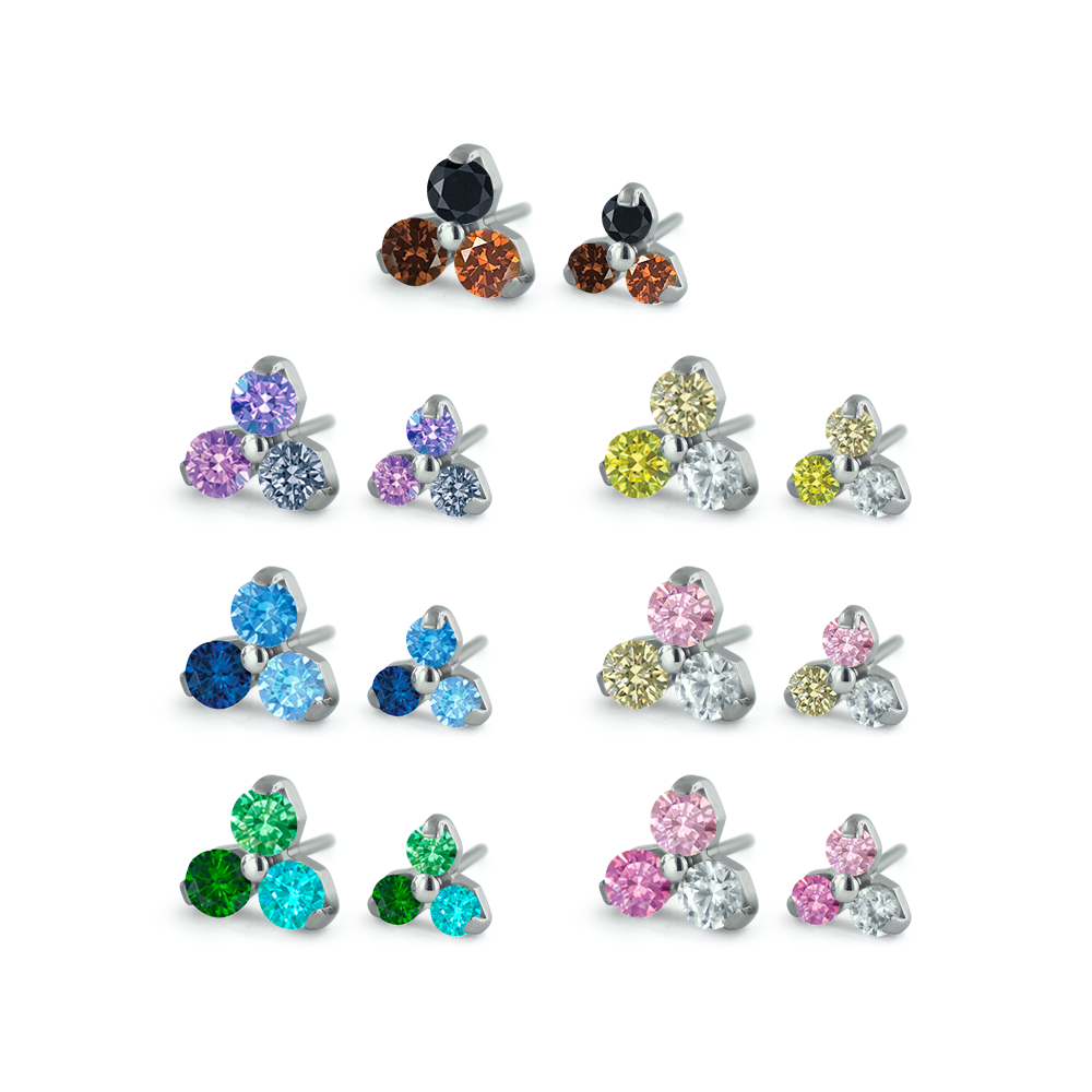 7 color options for the threadless titanium trinity gem ends