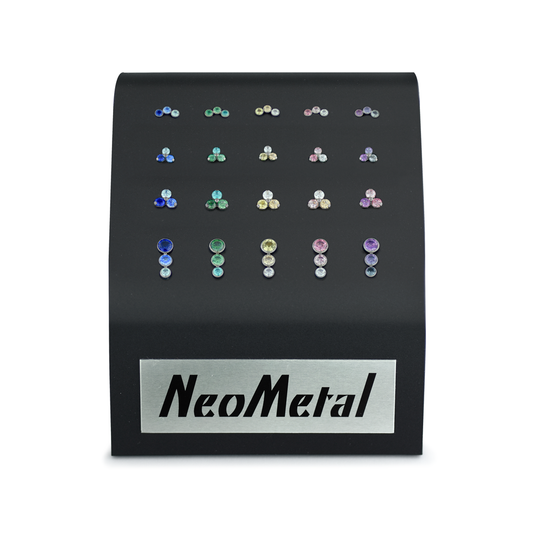20 piece black acrylic display with NeoMetal logo featuring an assortment of trinities and cluster in ombre color gradients