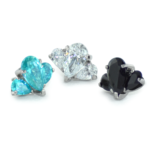 Threadless Titanium Pear Cut Gem Fan Clusters featuring a center 5mm gem and two 3mm side gems