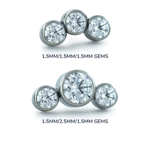 A 3-piece curved cluster featuring 1.5mm Cubic Zirconia Gems in threadless titanium bezel settings and A 3-piece curved cluster featuring 1.5mm and 2.5mm Cubic Zirconia Gems in threadless titanium bezel settings