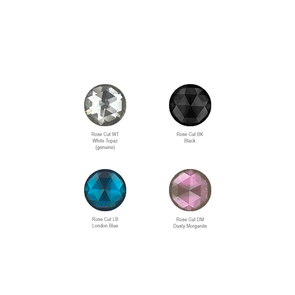 Four colors of Rose Cut Cabochons: White Topaz, Black, London Blue, and Dusty Morganite