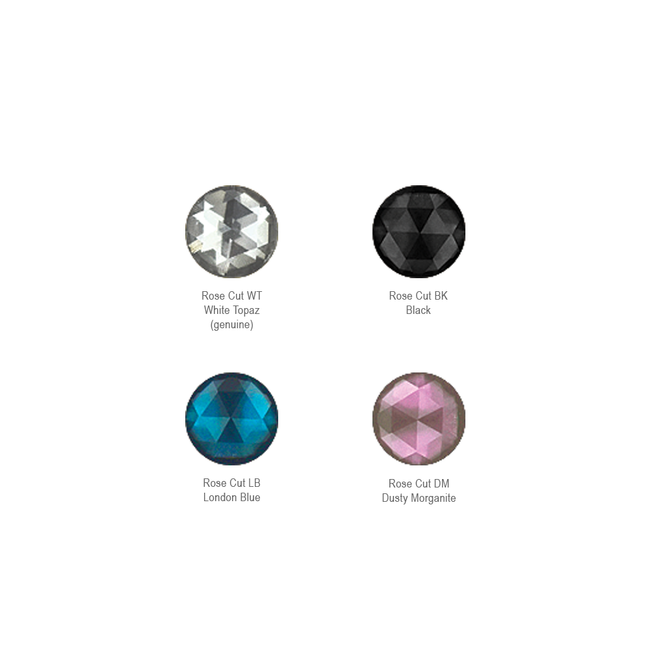 Four colors of Rose Cut Cabochons: White Topaz, Black, London Blue, and Dusty Morganite