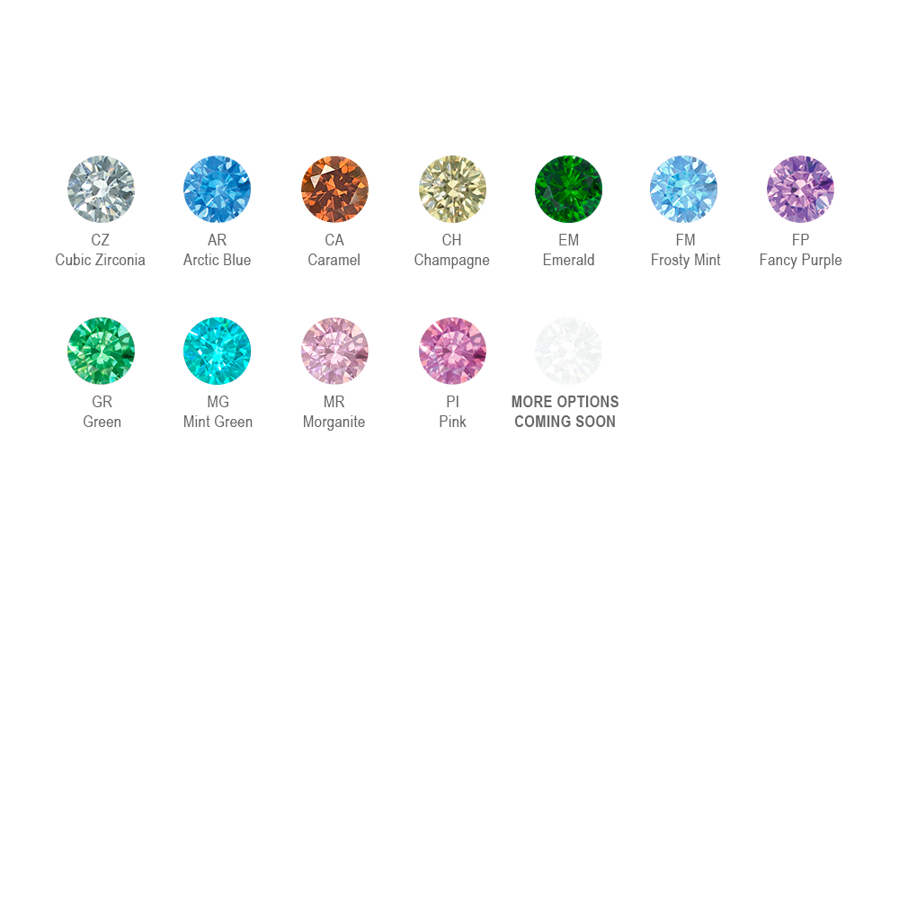 All available gem colors listed in a grid, featuring: Cubic Zirconia, Arctic Blue, Champagne, Caramel, Emerald, Frosty Mint, Fancy Purple, Green Mint Green, Morganite Pink