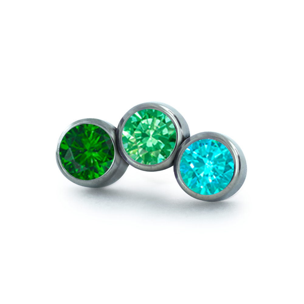 Green color options for the three pieced petite curve bezel set cluster with faceted gems