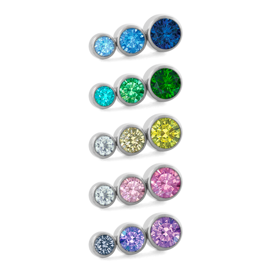 5 color options for the three pieced taper bezel set cluster with faceted gems