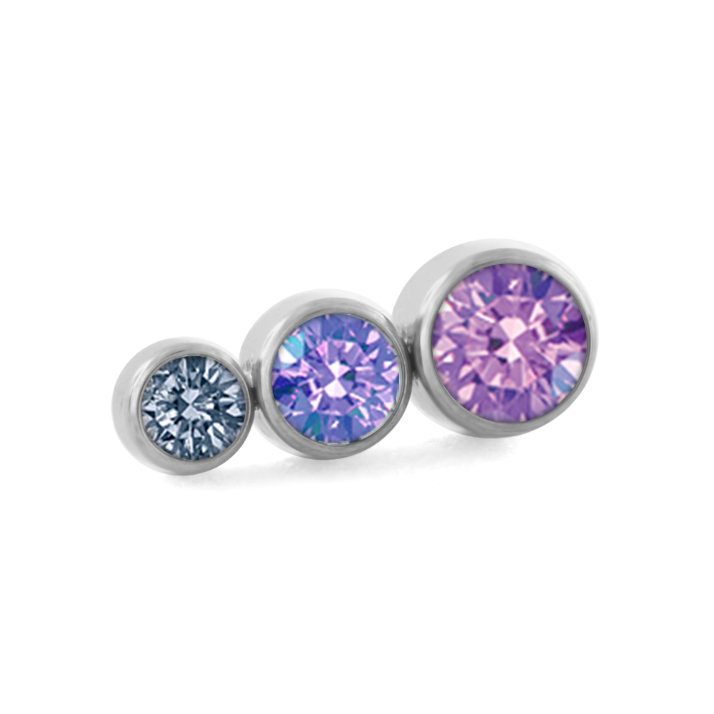 Purple color options for the three pieced taper bezel set cluster with faceted gems