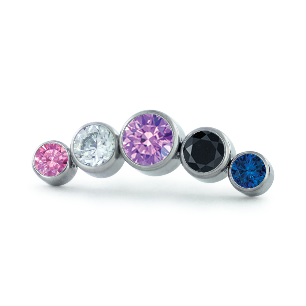 Threadless Titanium Curved Bezel Set Clusters featuring faceted colors for the Gender Fluid Flag