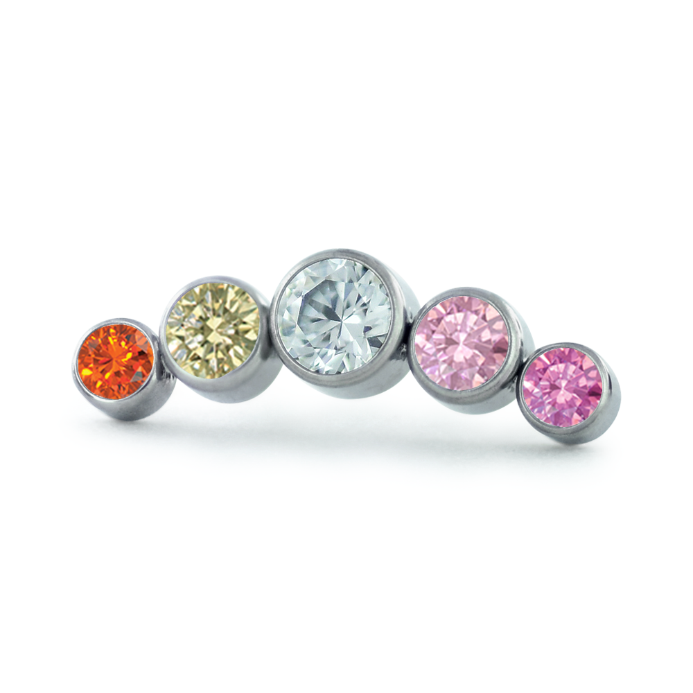 Threadless Titanium Curved Bezel Set Clusters featuring faceted colors for the Lesbian Flag