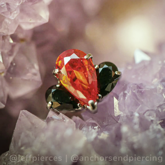 Titanium Threadless Pear Fan Clusters with Orange and Black Pear cut gems
