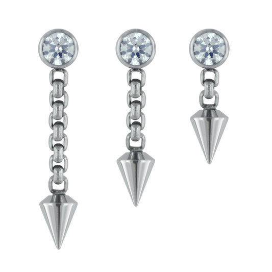 Three chain lengths for our Titanium Spear Dangle, featuring a 3mm bezel set faceted gem at the top and a 4mm spear at the bottom
