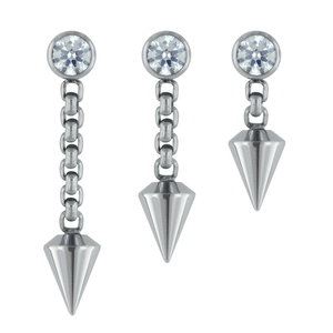 Three chain lengths for our Titanium Spear Dangle, featuring a 3mm bezel set faceted gem at the top and a 4mm spear at the bottom