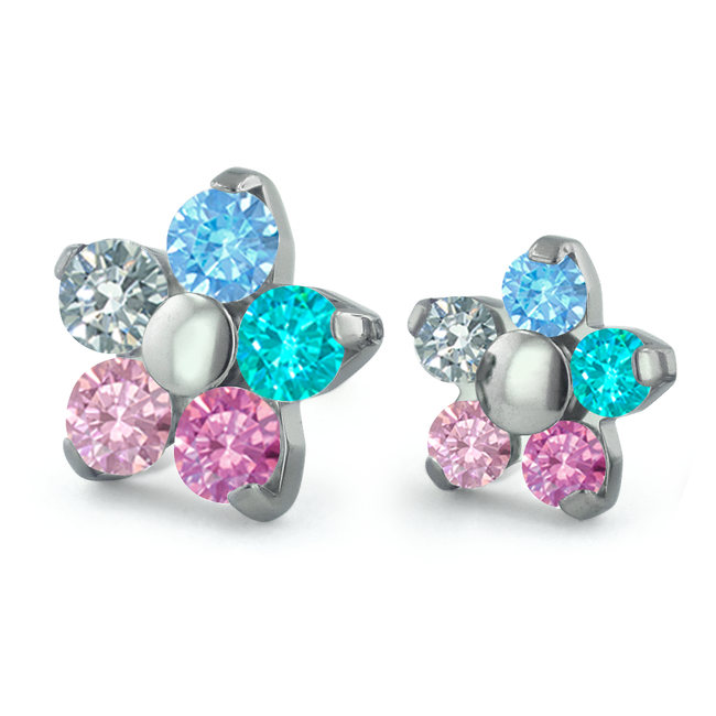 Dreamland Collection Titanium Flower Gem Ends with Pink, Frosty Mint, Mint Green, Arctic Blue, and Cubic Zirconia Gems