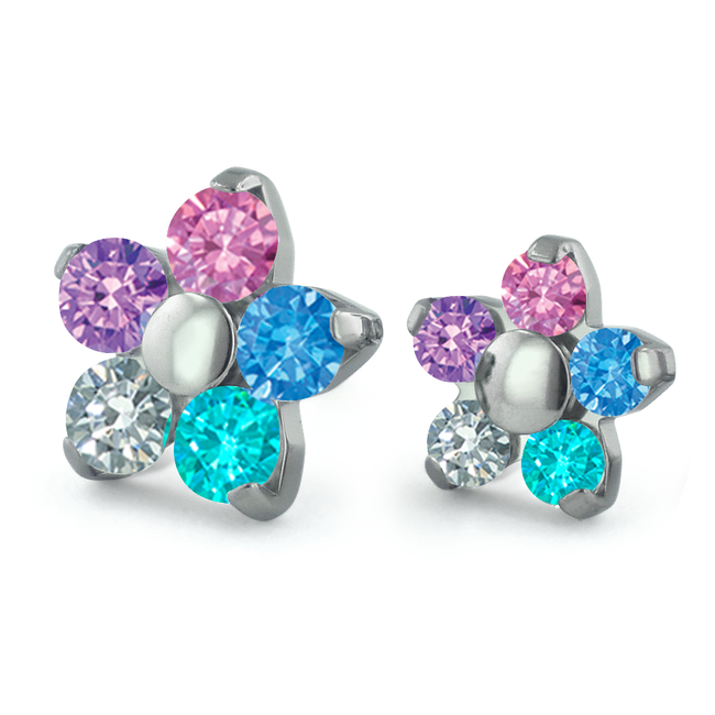 Dreamland Collection Titanium Flower Gem Ends with Pink, Fancy Purple, Mint Green, Arctic Blue, and Cubic Zirconia Gems