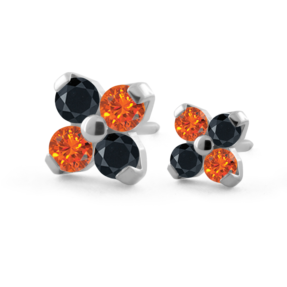 A 1.5mm and 2mm titanium Forte gem end, featuring orange and black gems