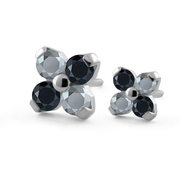 A 1.5mm and 2mm titanium Forte gem end, featuring light chrome and black gems