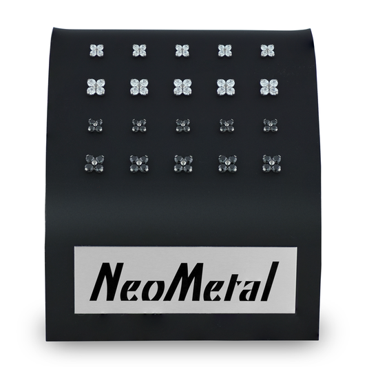 20 Titanium Forte Gem Ends in 1.5mm and 2mm sizes, featuring Cubic Zirconia and Black Gems set in a black acrylic display with the NeoMetal logo on front