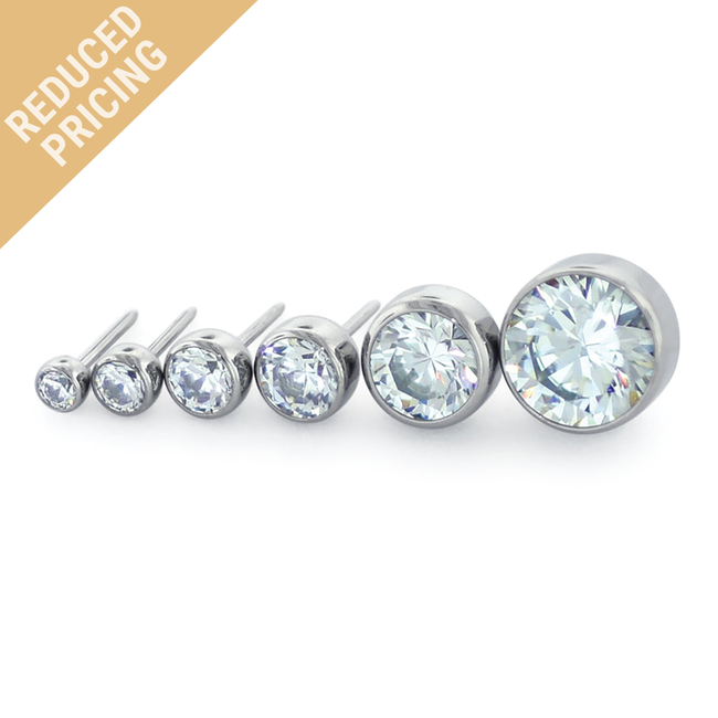 6 sizes of Titanium Threadless Bezel Set Gem Ends with new reduced pricing