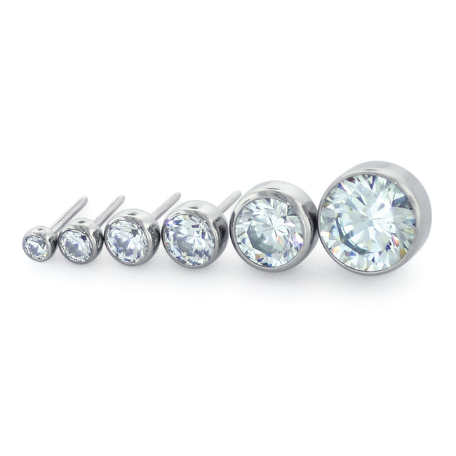 Six sizes of threadless titanium bezel set gem ends with cubic zirconia gems