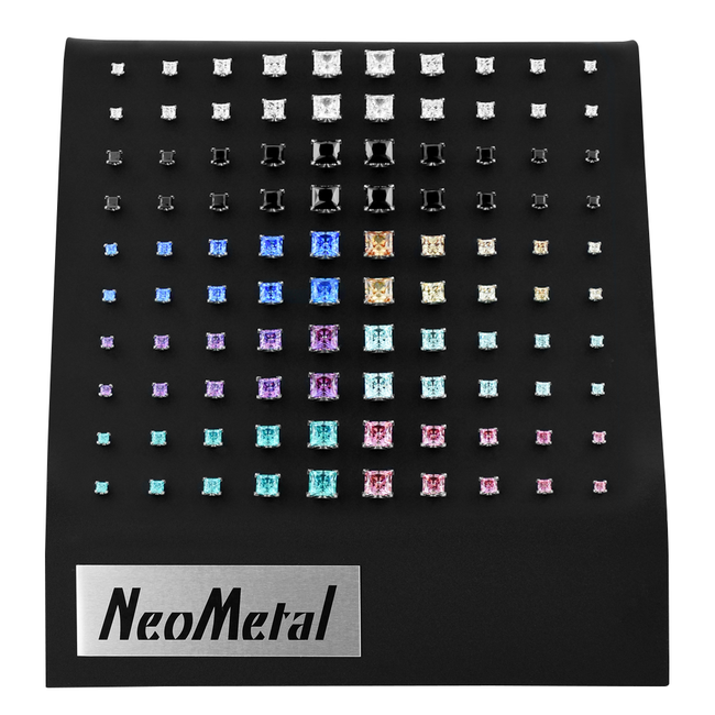 A 100 piece black acrylic display with a variety of Princess Cut Gem Ends