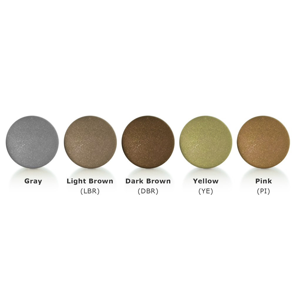 All available colors for Textured Disk Ends: Gray, Light Brown, Dark Brown, Yellow, and Pink