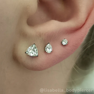 Triple Lobe piercings with Prong Set Trillion CZ, PearCZ, and Brilliant Cut CZ