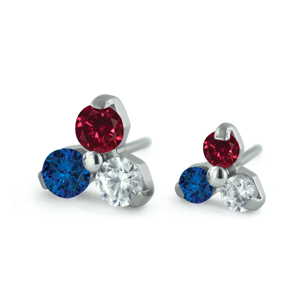 Red White and Blue Threadless Titanium Trinity Gem Ends in 2mm and 1.5mm sizes