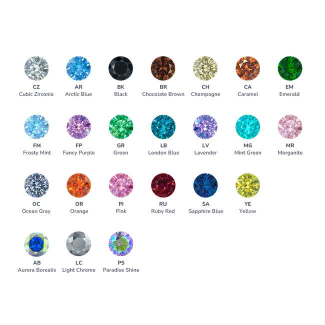 All available gem colors listed in a grid, featuring: Cubic Zirconia, Arctic Blue, Black, Brown, Champagne, Caramel, Emerald, Frosty Mint, Fancy Purple, Green, London Blue, Lavender, Mint Green, Morganite, Ocean Gray, Orange, Pink, Ruby, Sapphire, Yellow, Aurora Borealis, Light Chrome, and Paradise Shine