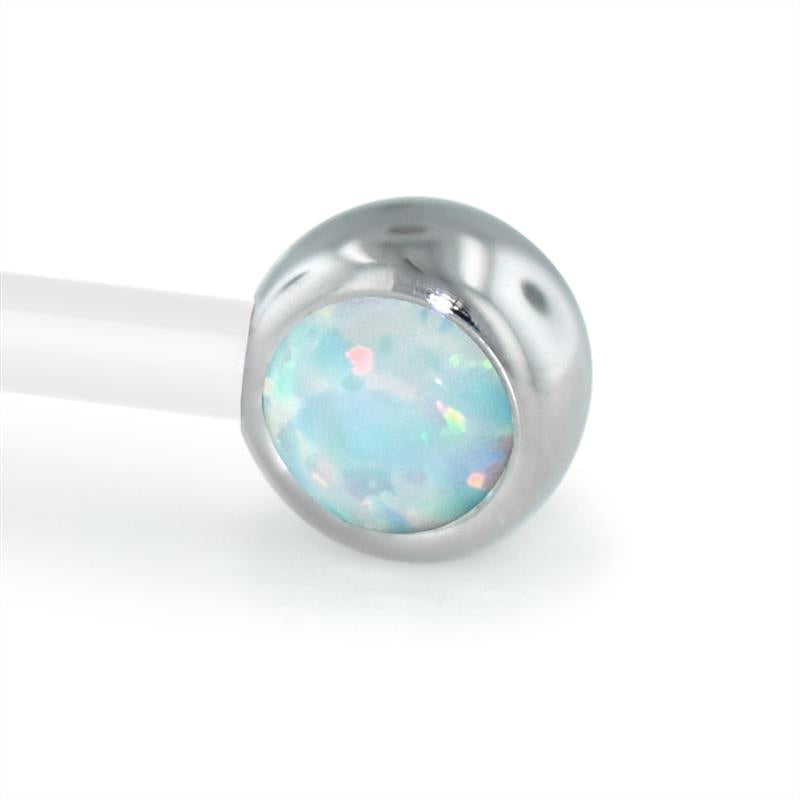 A titanium set cabochon gem end with a white opal gem.