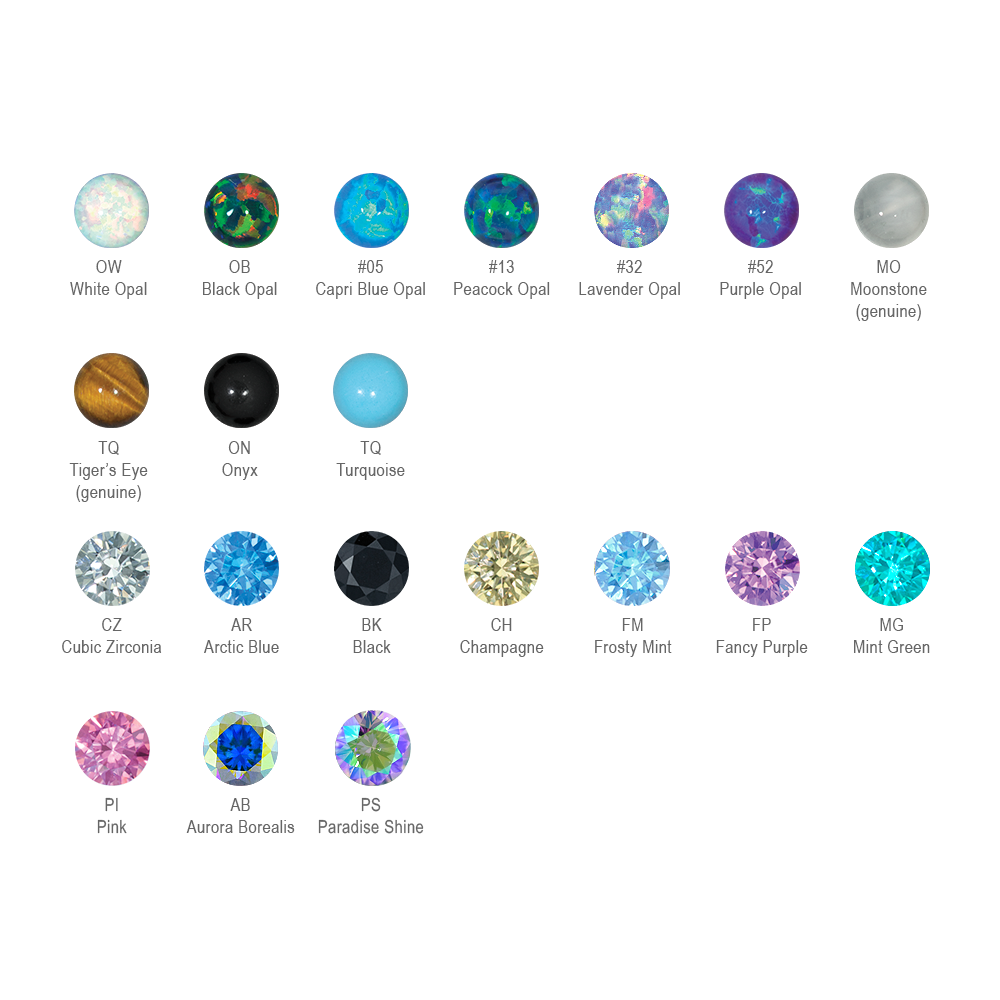 All gem colors listed in a grid, featuring: Cubic Zirconia, Arctic Blue, Black, Champagne, Frosty Mint, Fancy Purple, Mint Green, Pink, Aurora Borealis, Paradise Shine, White Opal, Black Opal, Capri Blue Opal, Peacock Opal, Lavender Opal, Purple Opal, Moonstone, Tiger's Eye, Onyx, and Turquoise