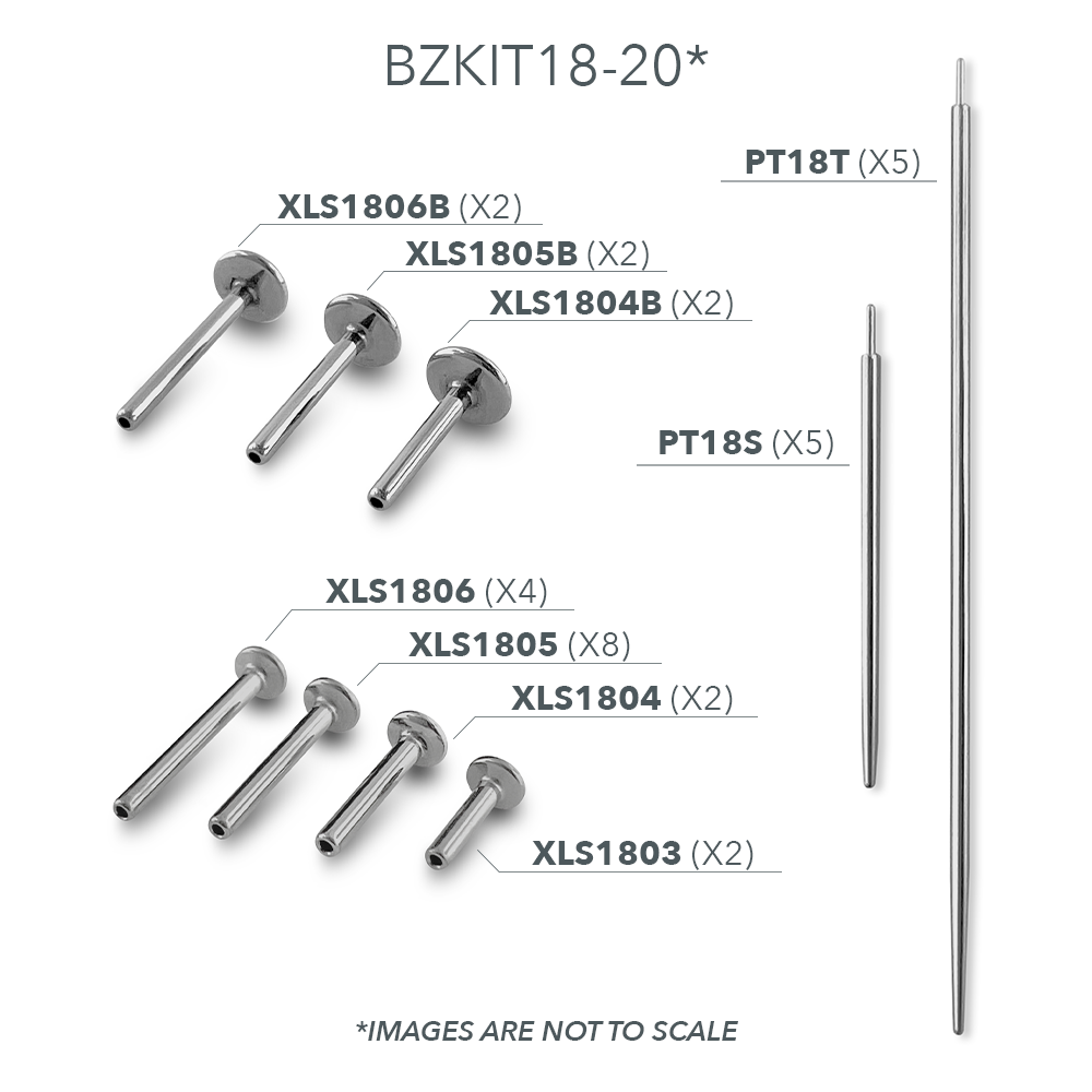Our two sizes of titanium 18 gauge pin tapers and seven sizes of 18 gauge titanium labret posts, included in the Essential Kit