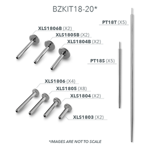 Our two sizes of titanium 18 gauge pin tapers and seven sizes of 18 gauge titanium labret posts, included in the Essential Kit