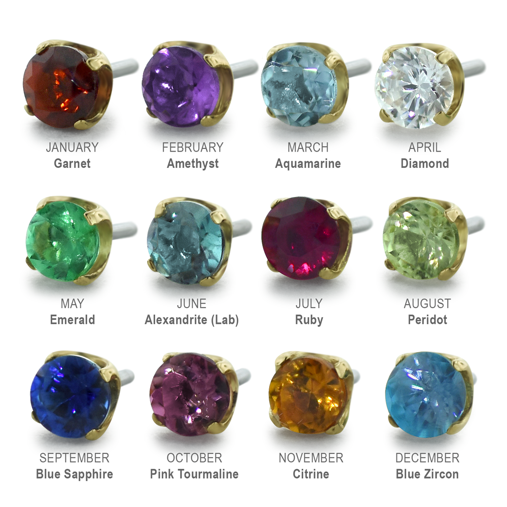 18K Gold Prong Set gem ends with birthstones with gem names and months