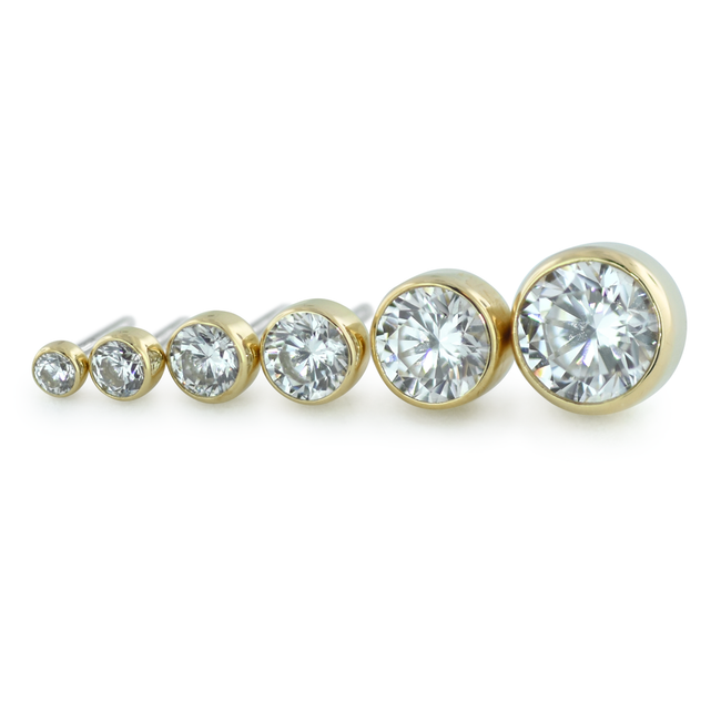 6 Sizes of 18K Yellow Gold Bezel Set Gem Ends with Cubic Zirconia Faceted Gems
