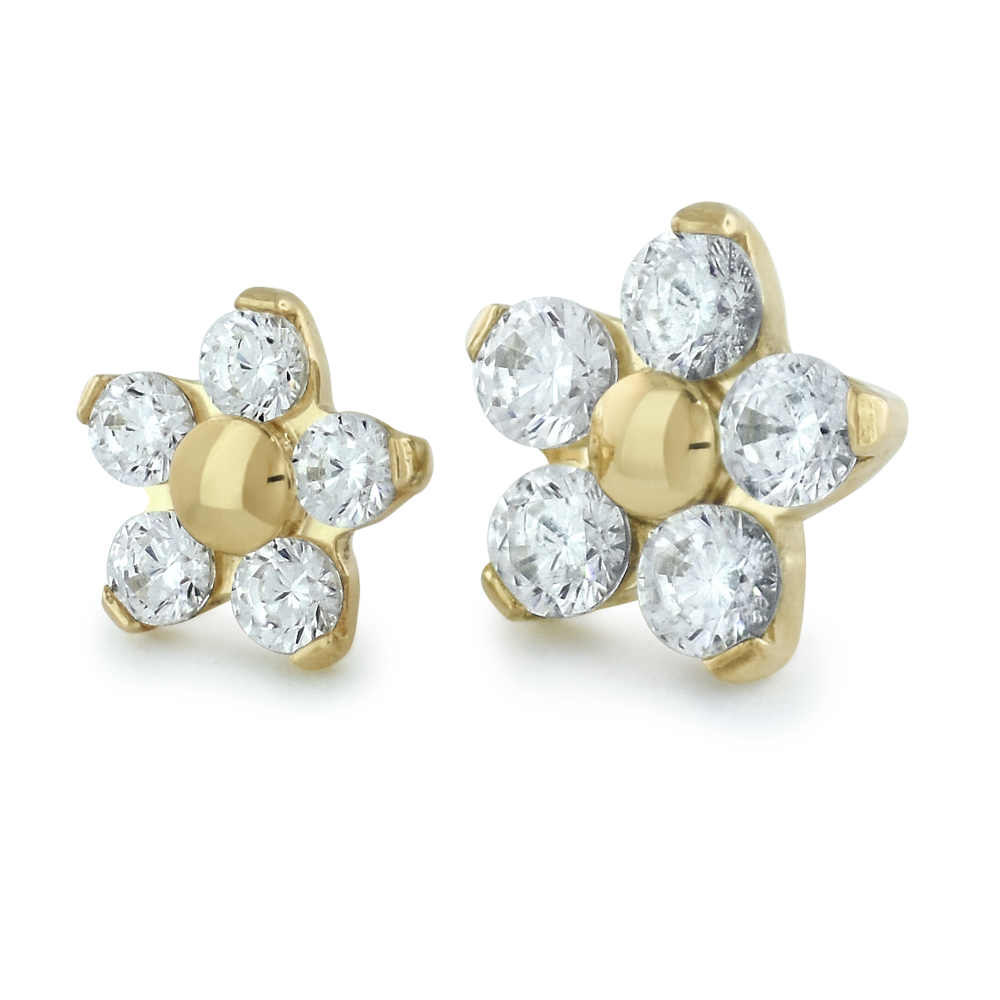 2 sizes of 18K Yellow Gold Flower Gem Ends with Cubic Zirconia Faceted Gems