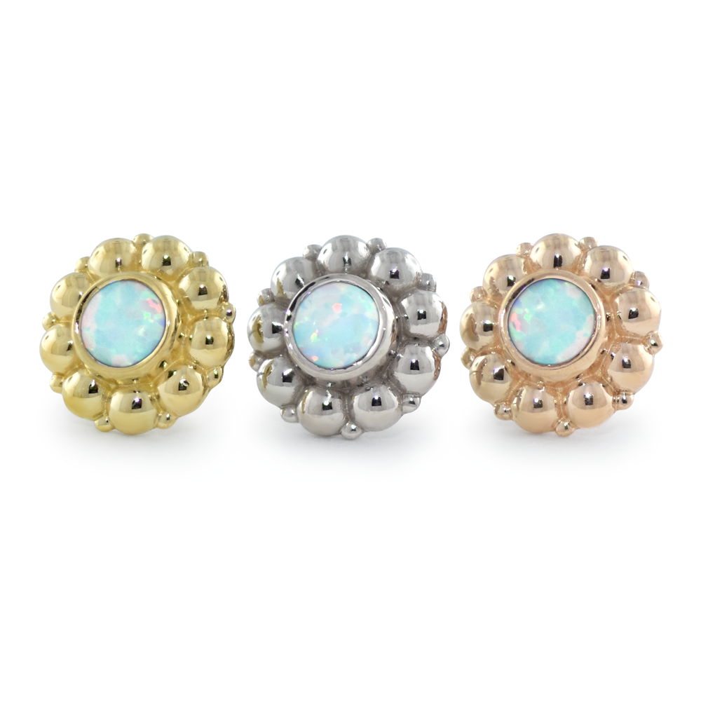 18K Yellow Gold, White Gold, and Rose Gold Kumo Ends with White Opal Cabochons
