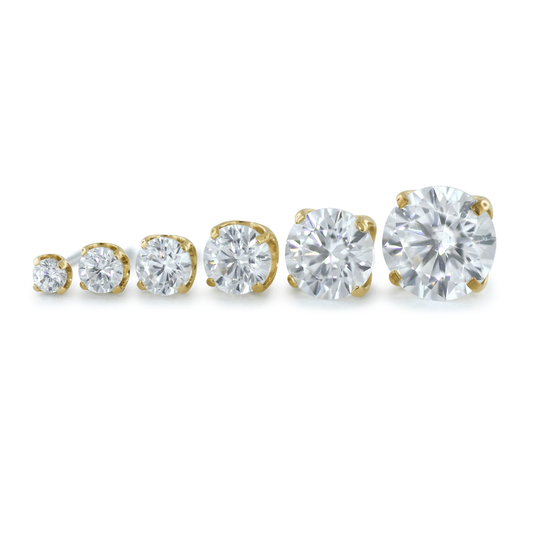 6 sizes of 18K Yellow Gold Prong Set Gem Ends with Cubic Zirconia Faceted Gems