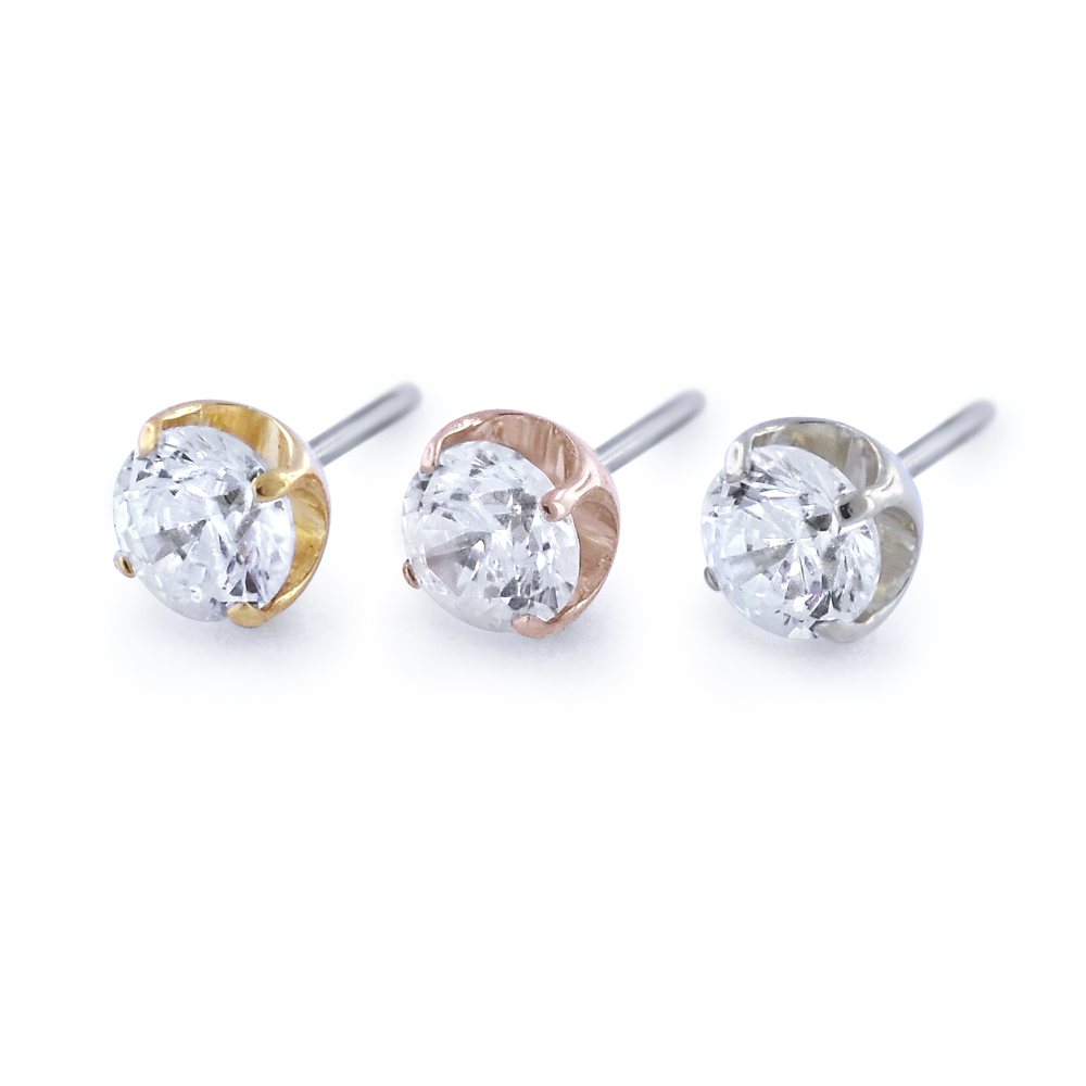 18K Yellow Gold, Rose Gold, and White Gold Prong Set Gem Ends with Cubic Zirconia Faceted Gems