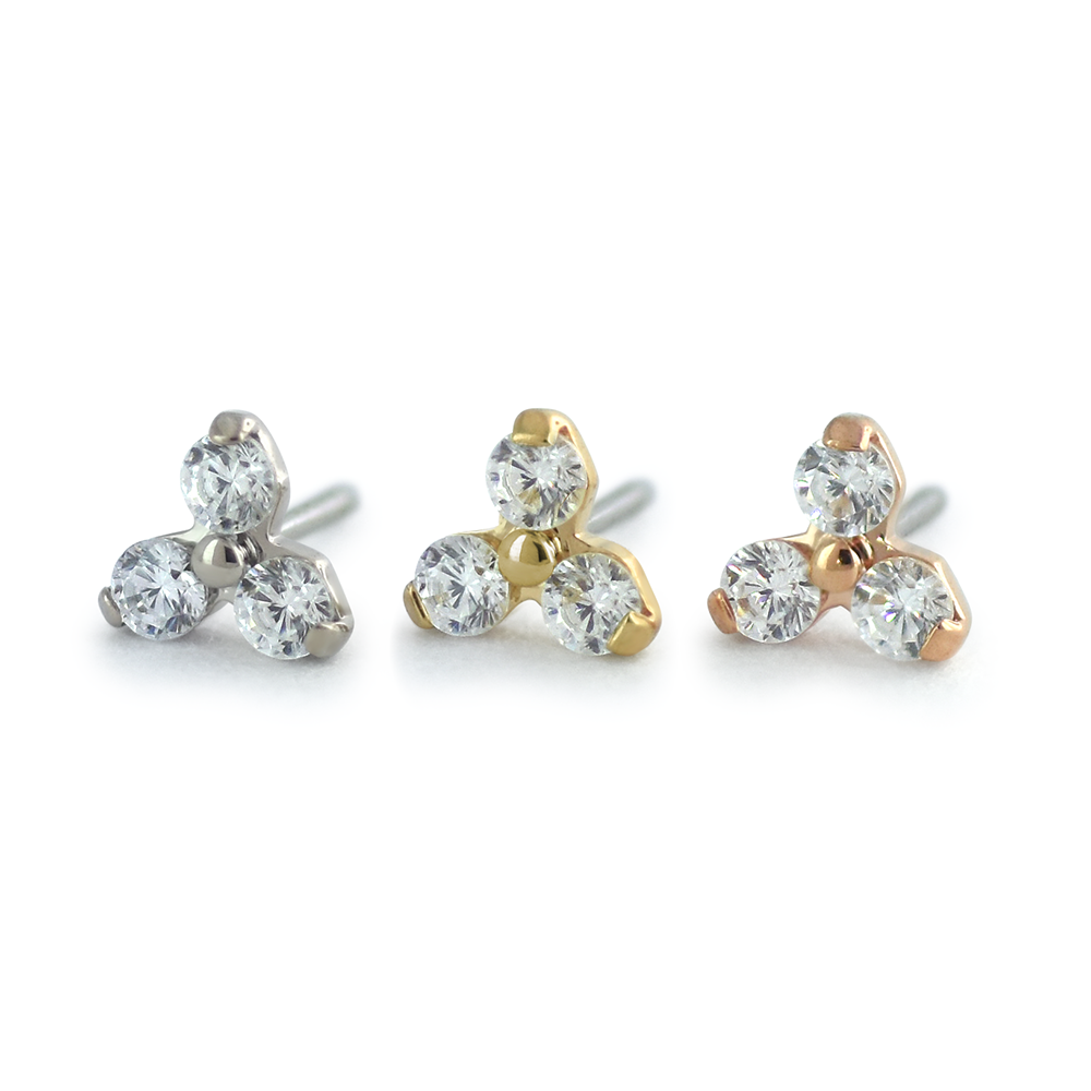 18K White Gold, Yellow Gold, and Rose Gold Trinity Gem Ends with Cubic Zirconia Faceted Gems