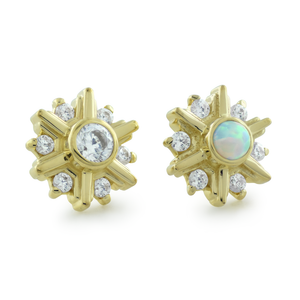 18K yellow gold settings with a cubic zirconia or white opal center gem surrounded by 6 smaller cubic zirconia gems