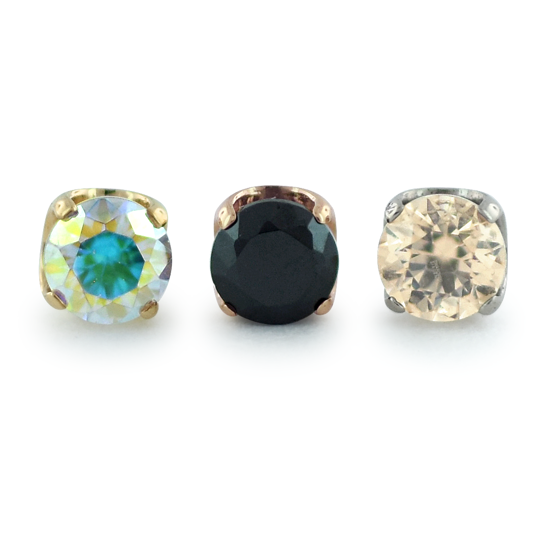 Front view of a Yellow Gold prong set Aurora Borealis Gem, Rose Gold with Black Gem, and White Gold with Champagne Gem