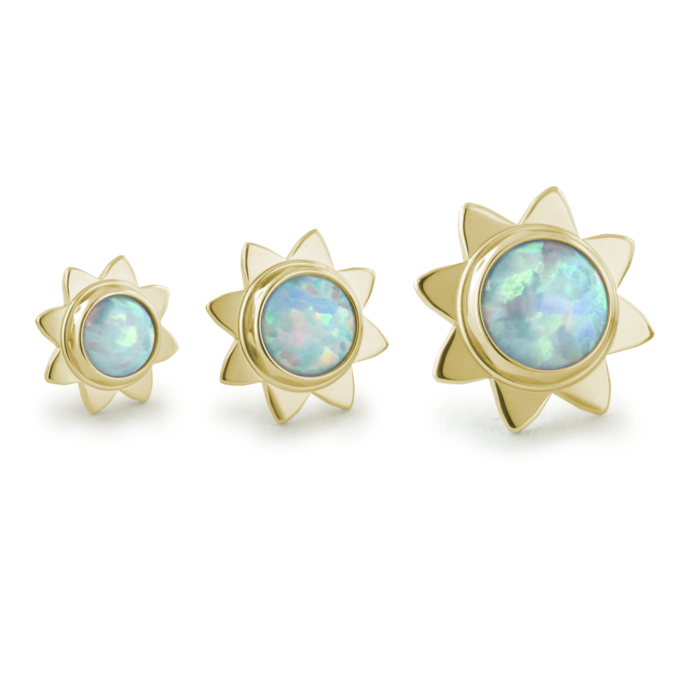 3 sizes of the 18k yellow gold sun cabochon settings with white opal cabochon