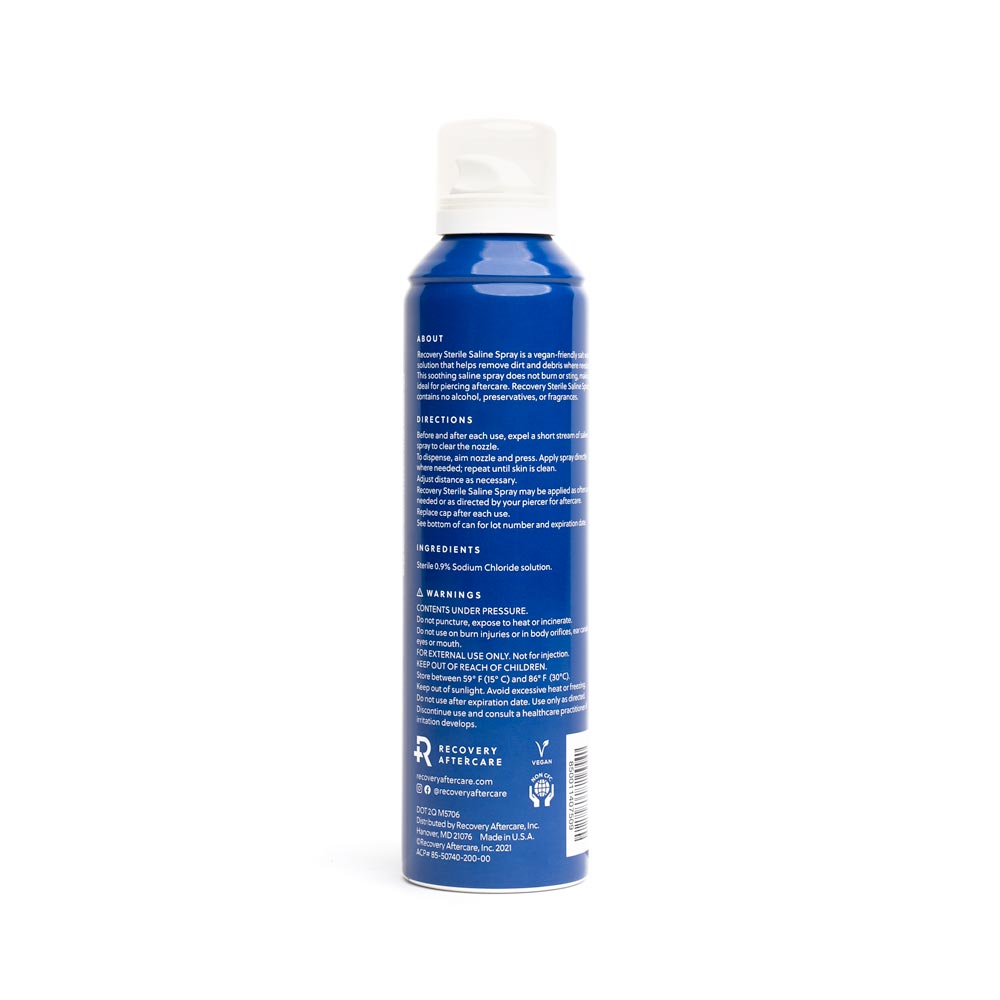 Back view of a can of Recovery Sterilized Saline Wash Spray