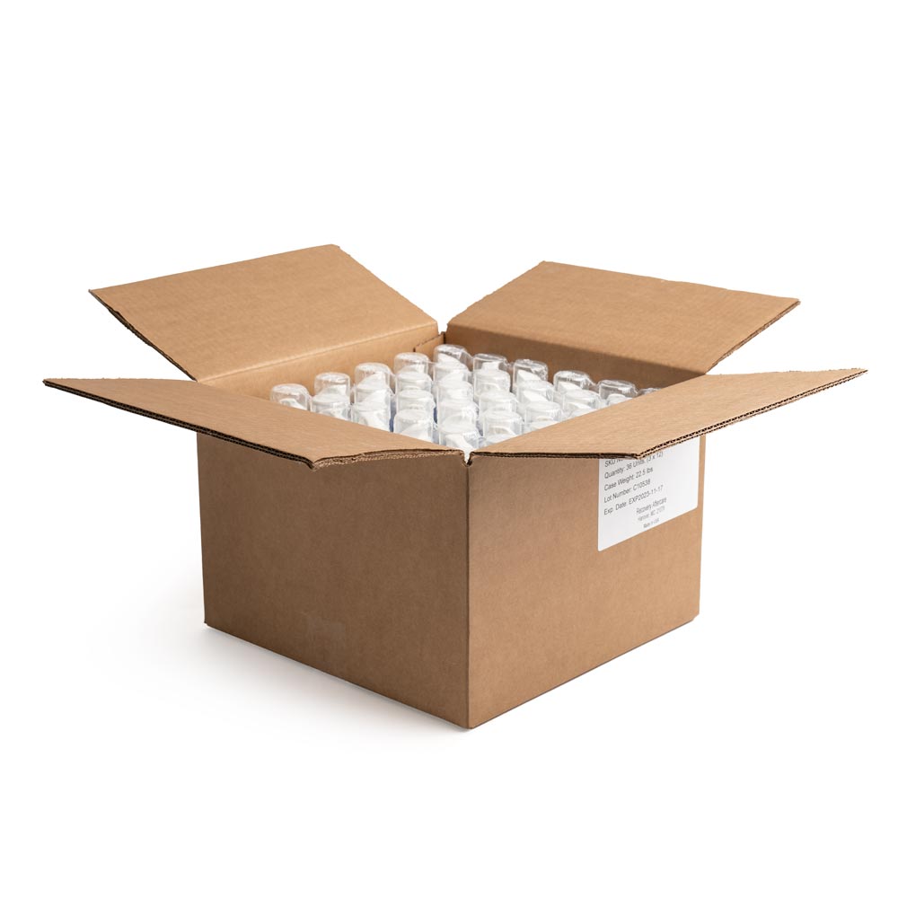 Open box of 36 cans of Recovery Sterilized Saline Wash Spray