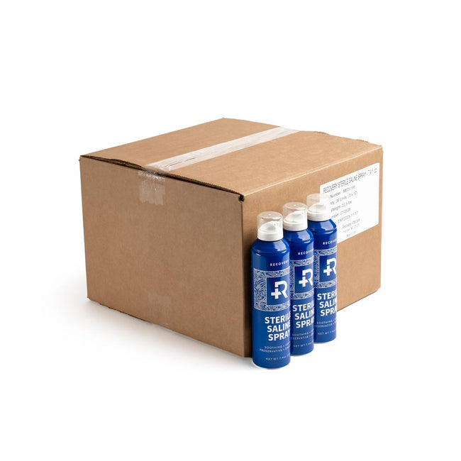 Closed box of 36 cans of Recovery Sterilized Saline Wash Spray with 3 cans in front