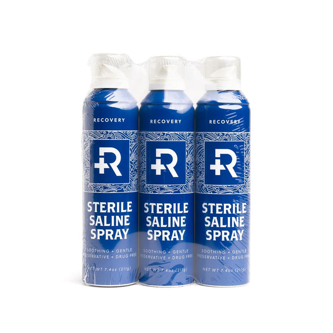 3 cans of Recovery Sterilized Saline Wash Spray packaged together