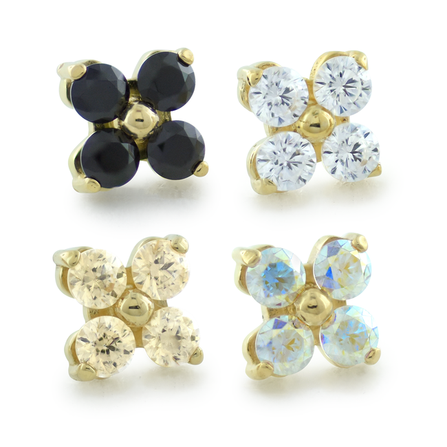 18K yellow gold forte gem ends with black, champagne, cubic zirconia, and aurora borealis faceted gems