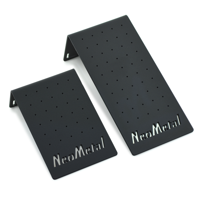 A 30 hole and 50 hole metal display with the NeoMetal logo engraved at the bottom
