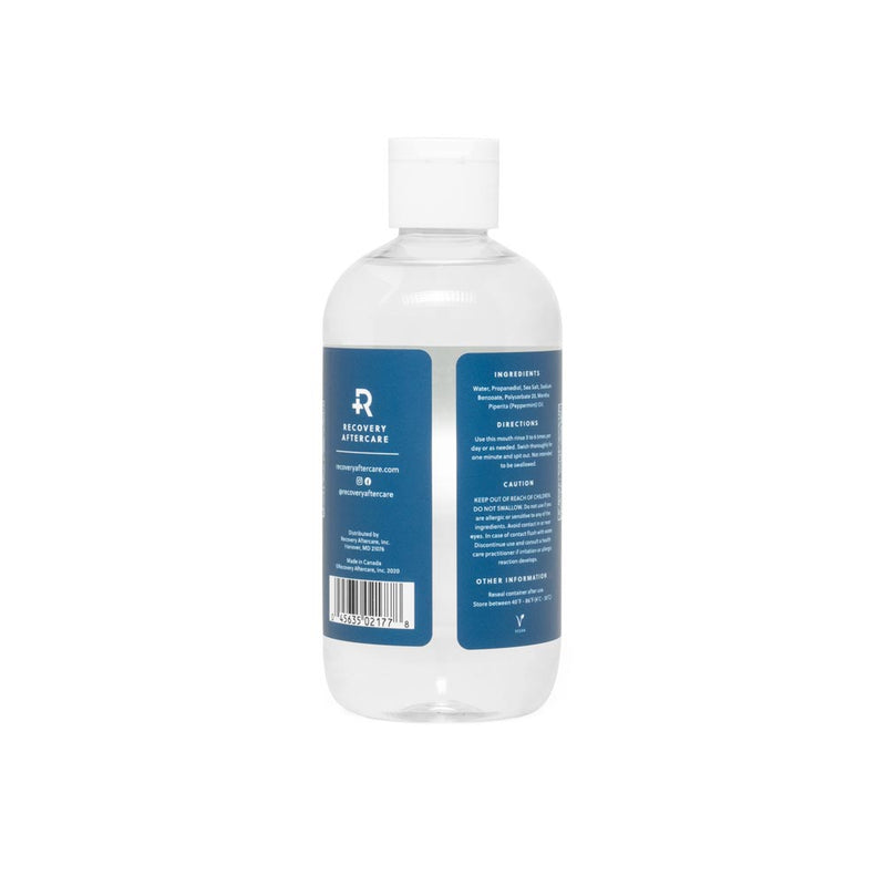 Back of a bottle of Recovery Aftercare Sea Salt Mouth Rinse