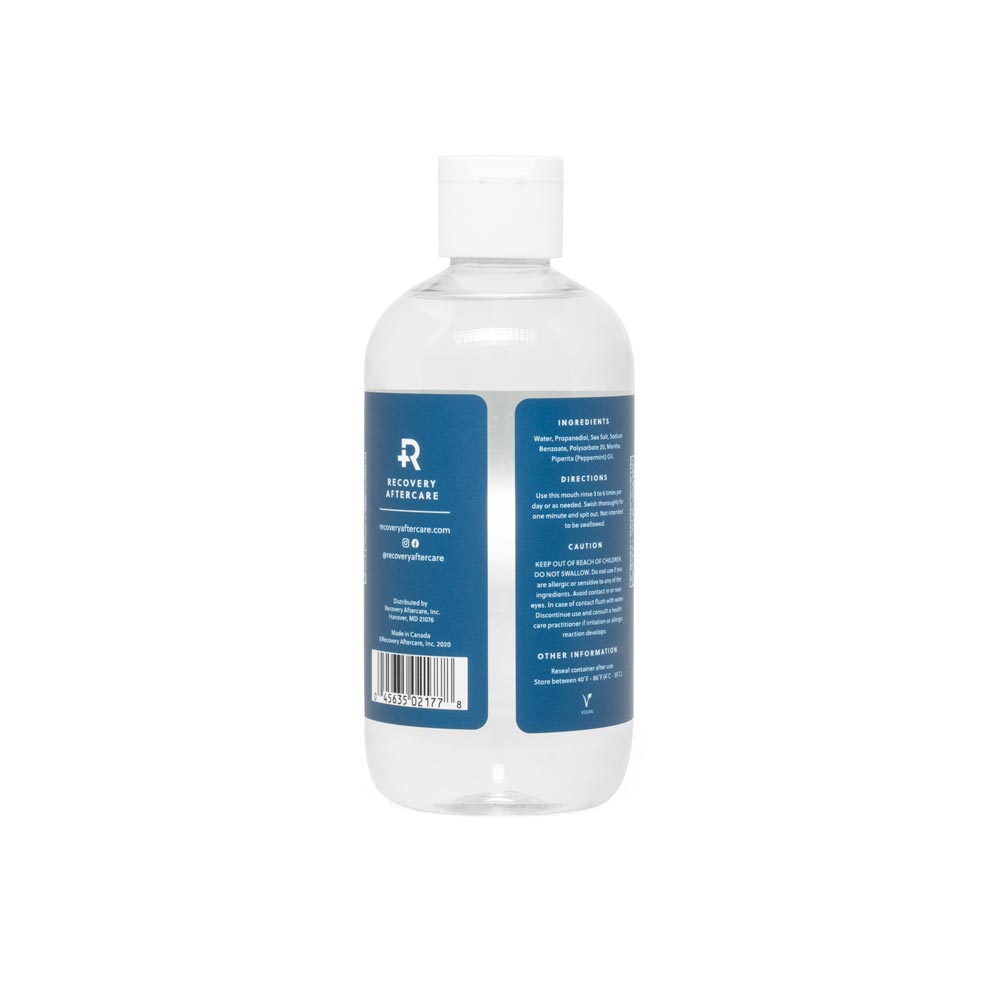 Back of a bottle of Recovery Aftercare Sea Salt Mouth Rinse