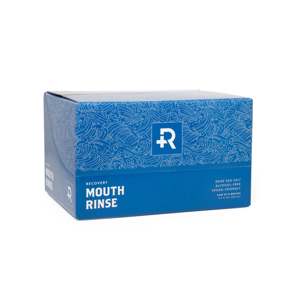 Front of retail packaging of 12 bottles of Recovery Aftercare Sea Salt Mouth Rinse